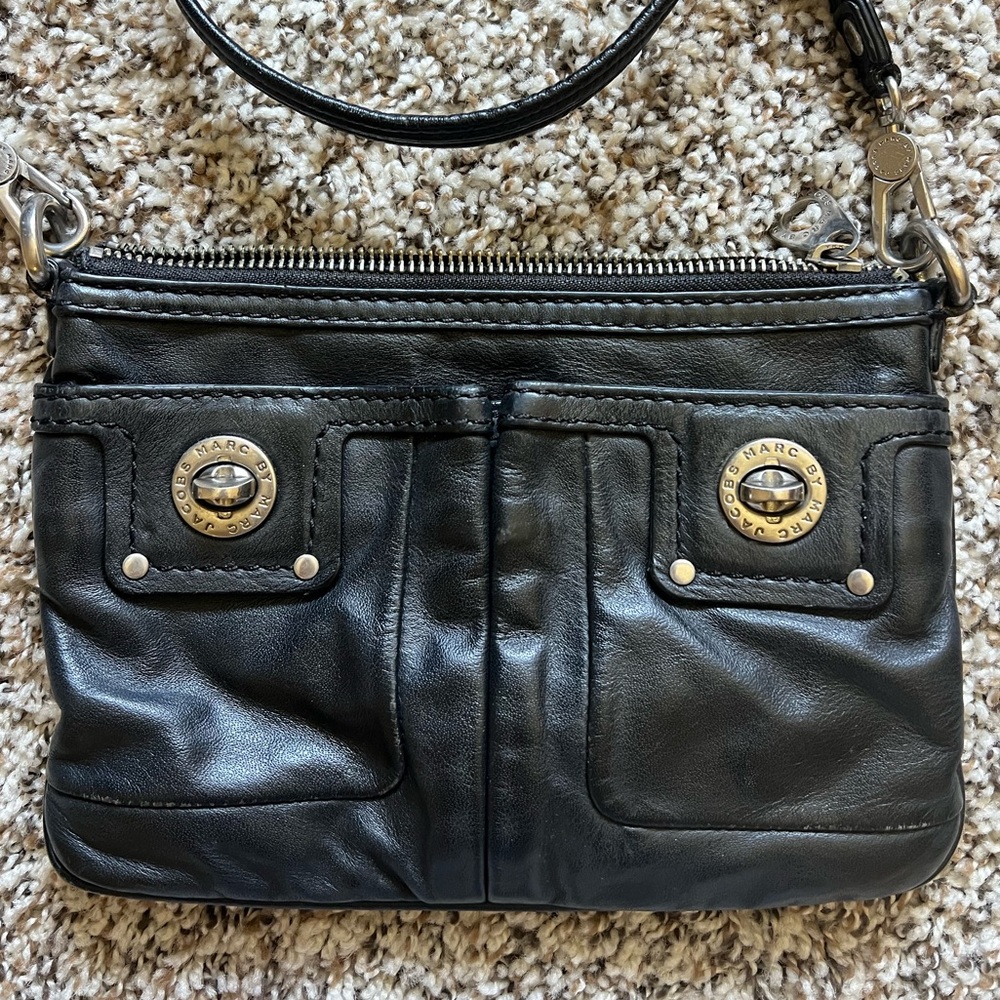Marc Jacobs Black Leather Crossbody with Brass Accents
